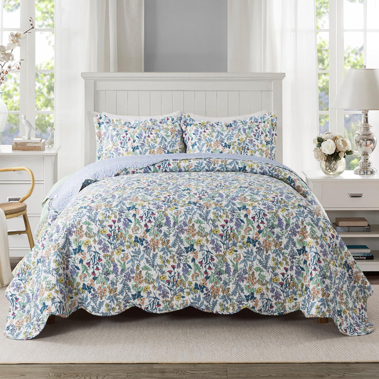 Floral Quilt Set 3 Piece Oversized Bedspread Coverlet Set Lightweight Bedding