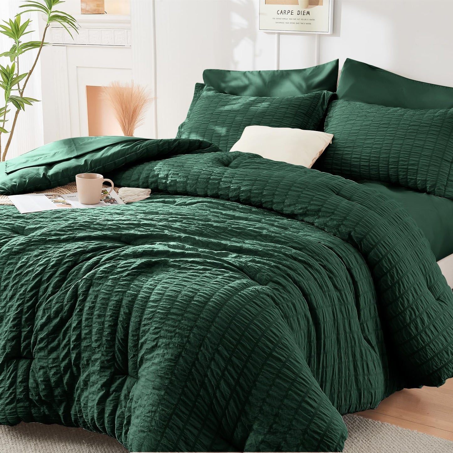 Seersucker Comforter Set 7 Piece All Season Bed in a Bag Bedding Set