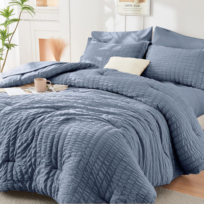 Seersucker Comforter Set 7 Piece All Season Bed in a Bag Bedding Set