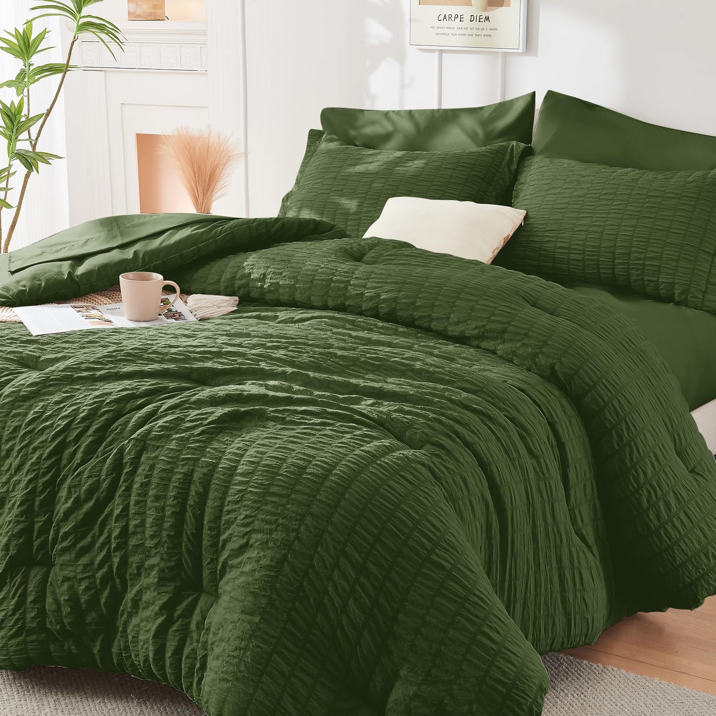 Seersucker Comforter Set 7 Piece All Season Bed in a Bag Bedding Set