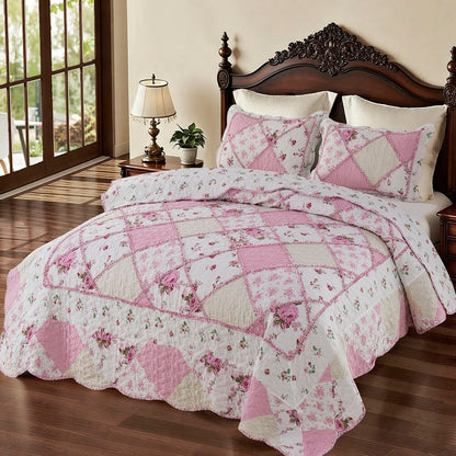 Patchwork Quilt Set Reversible 3 Piece Lightweight Floral Coverlet Bedding