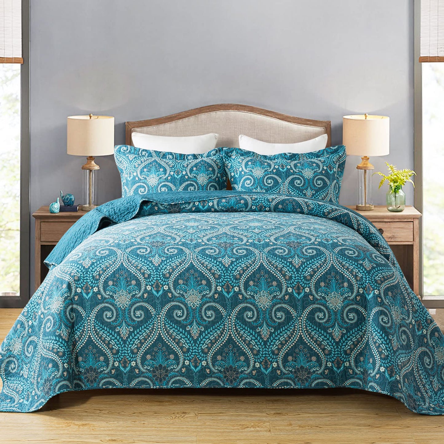 Floral Quilt Set 3 Piece Oversized Bedspread Coverlet Set Lightweight Bedding