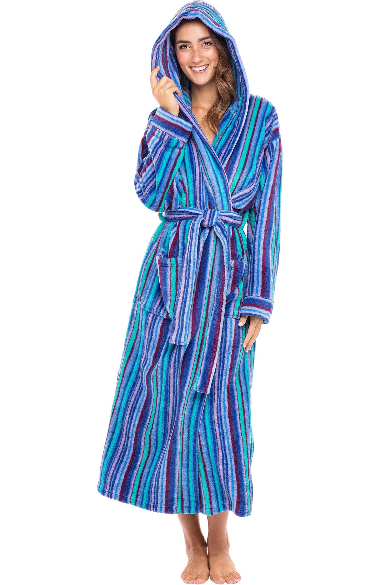Plush Fleece Hooded Bathrobe Women Long Plus Size Soft Lounge Robe