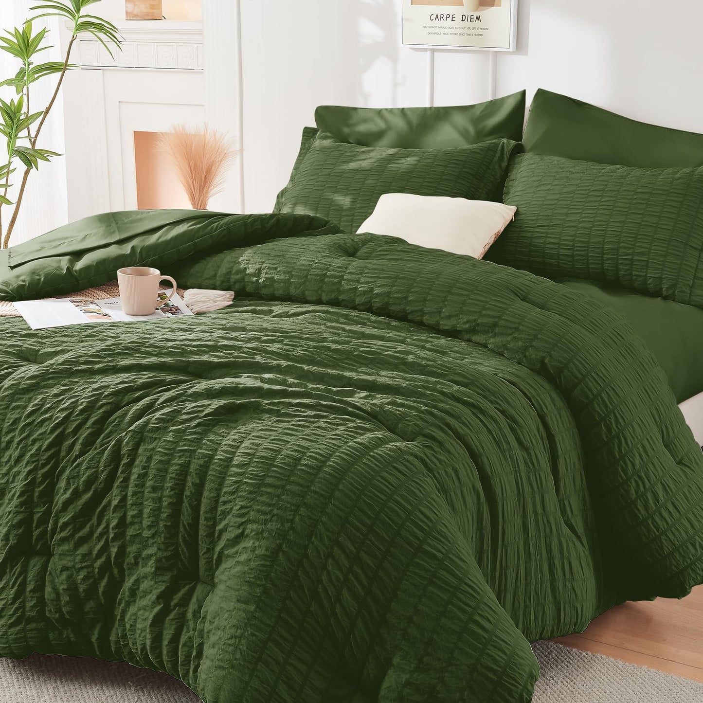 Seersucker Comforter Set 7 Piece All Season Bed in a Bag Bedding Set