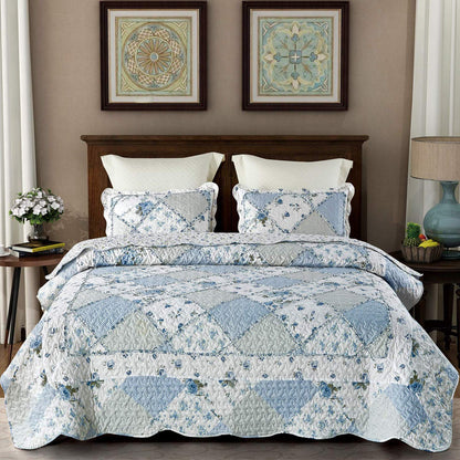 Patchwork Quilt Set Reversible 3 Piece Lightweight Floral Coverlet Bedding