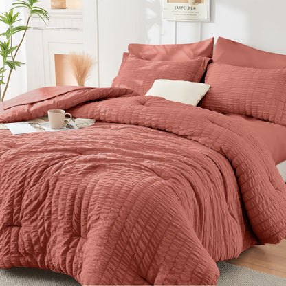 Seersucker Comforter Set 7 Piece All Season Bed in a Bag Bedding Set