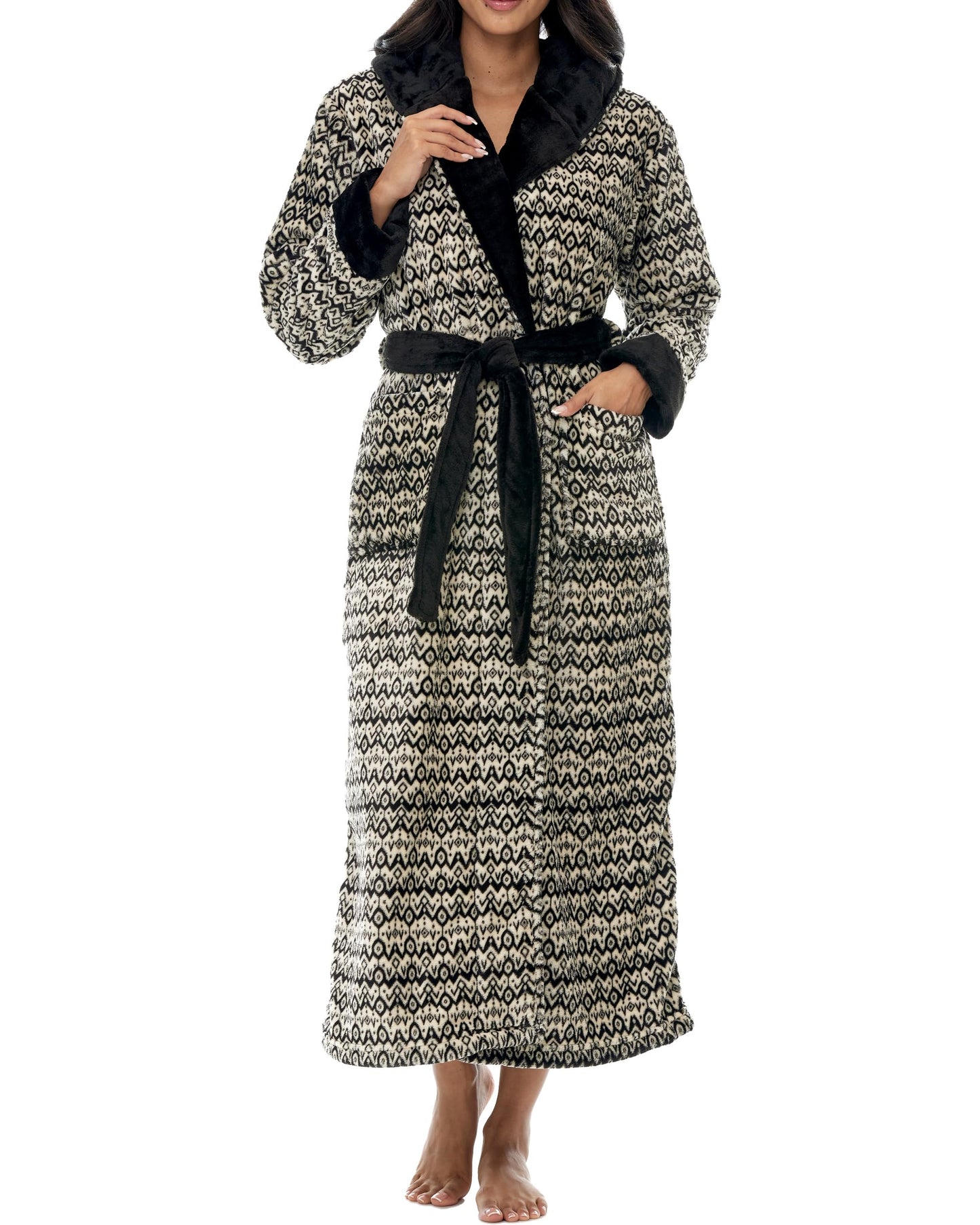 Plush Fleece Hooded Bathrobe Women Long Plus Size Soft Lounge Robe