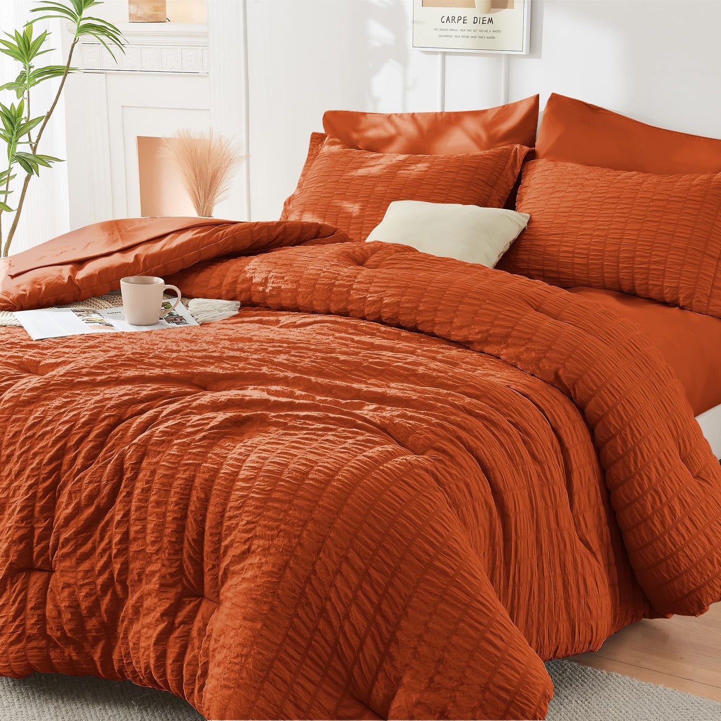 Seersucker Comforter Set 7 Piece All Season Bed in a Bag Bedding Set
