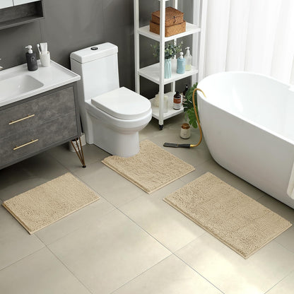 Chenille Bathroom Rug Set 3 Piece Ultra Soft Non Slip Absorbent Bath Mat