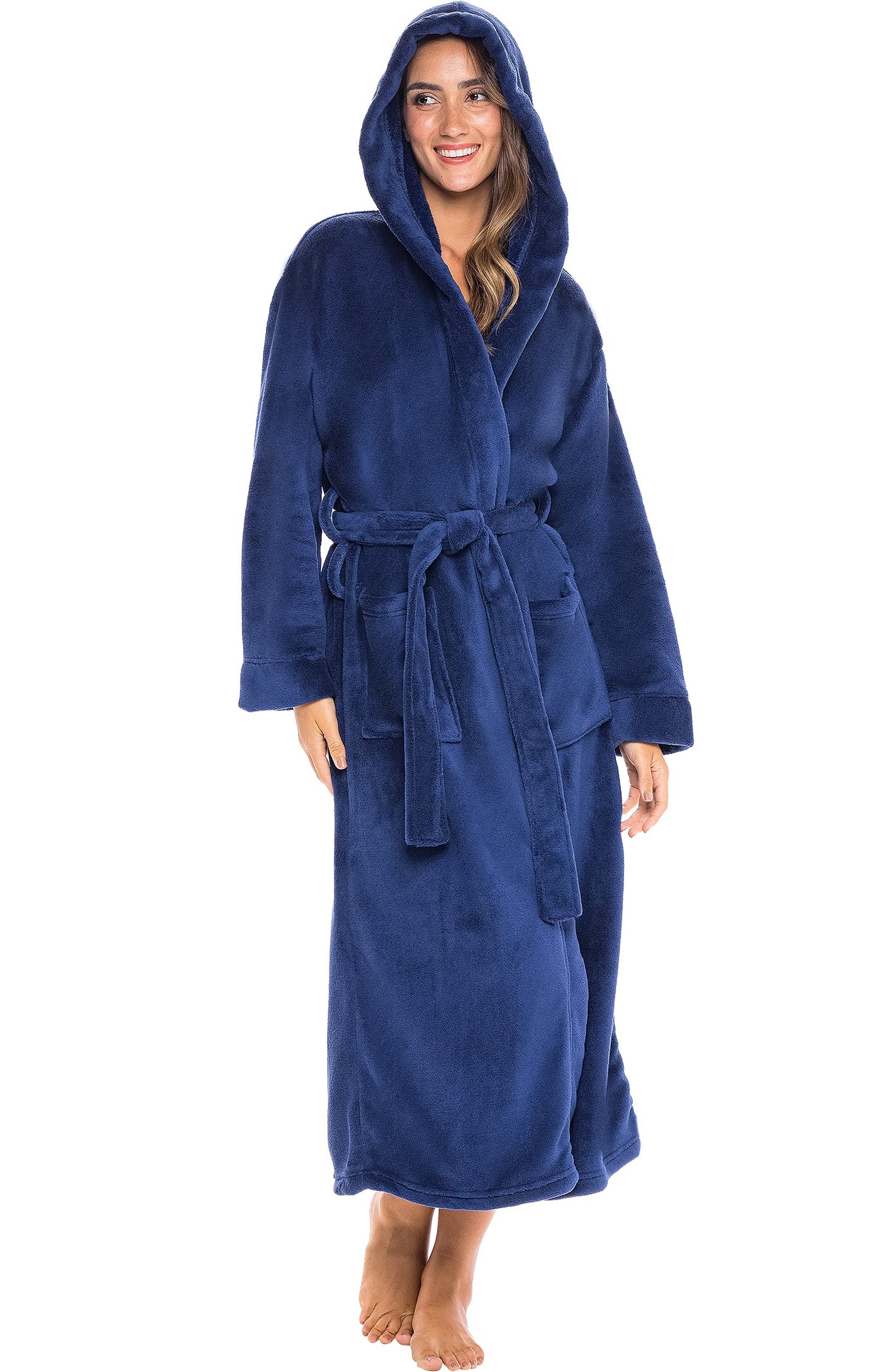 Plush Fleece Hooded Bathrobe Women Long Plus Size Soft Lounge Robe