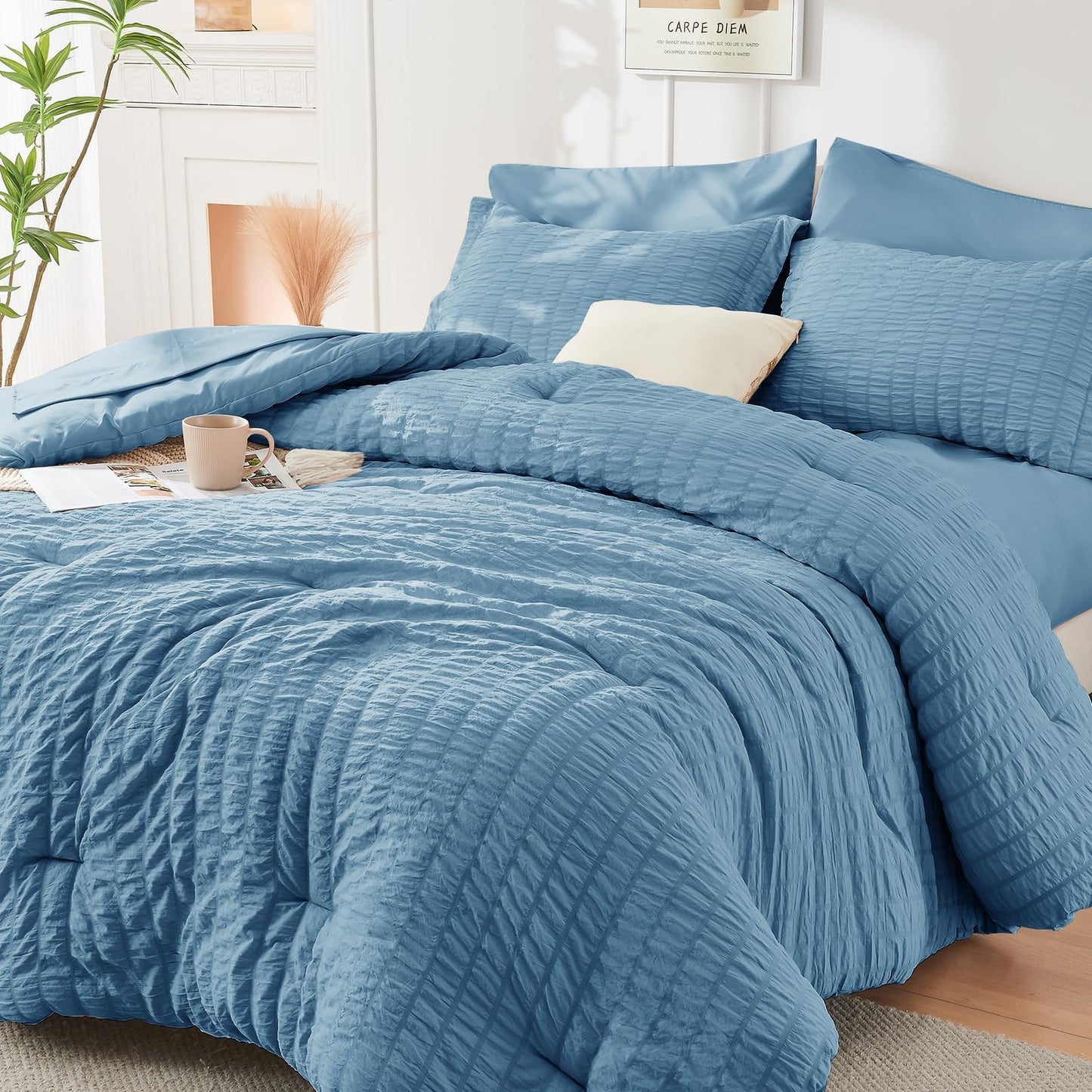 Seersucker Comforter Set 7 Piece All Season Bed in a Bag Bedding Set
