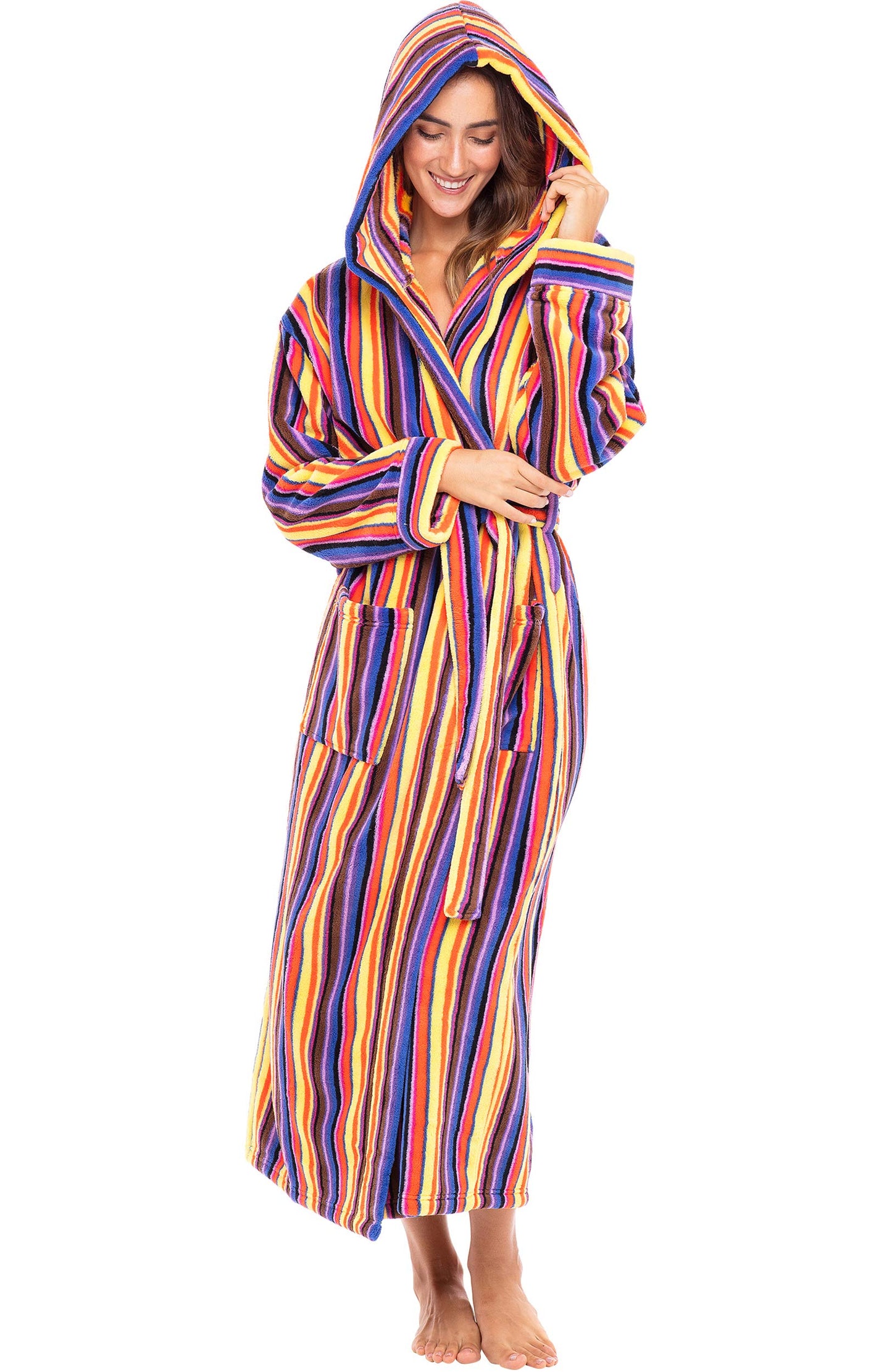 Plush Fleece Hooded Bathrobe Women Long Plus Size Soft Lounge Robe