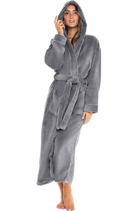 Plush Fleece Hooded Bathrobe Women Long Plus Size Soft Lounge Robe