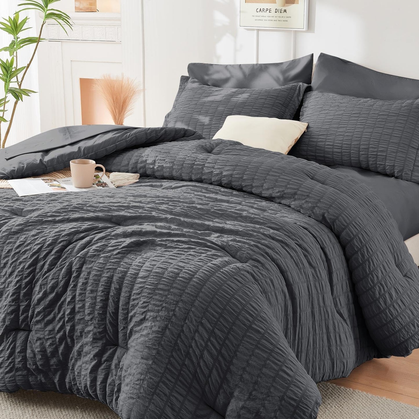 Seersucker Comforter Set 7 Piece All Season Bed in a Bag Bedding Set