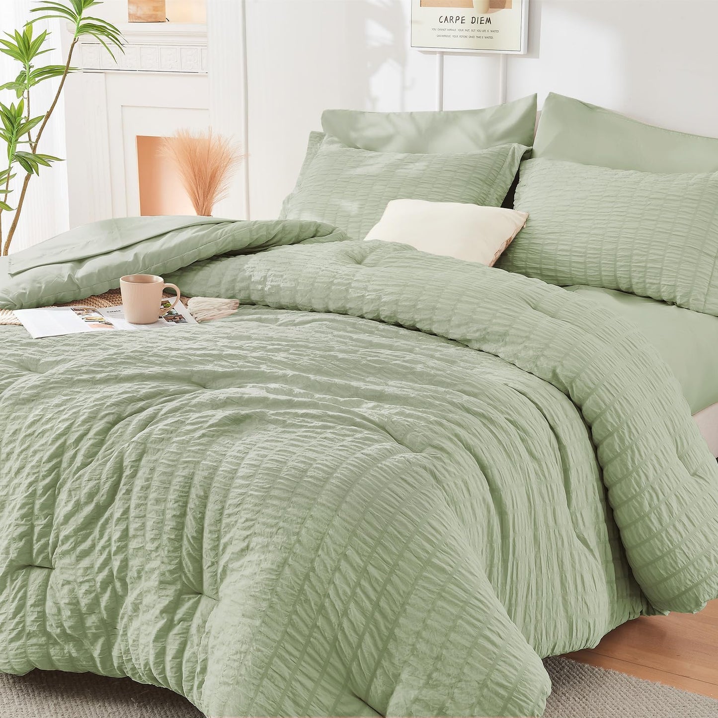 Seersucker Comforter Set 7 Piece All Season Bed in a Bag Bedding Set