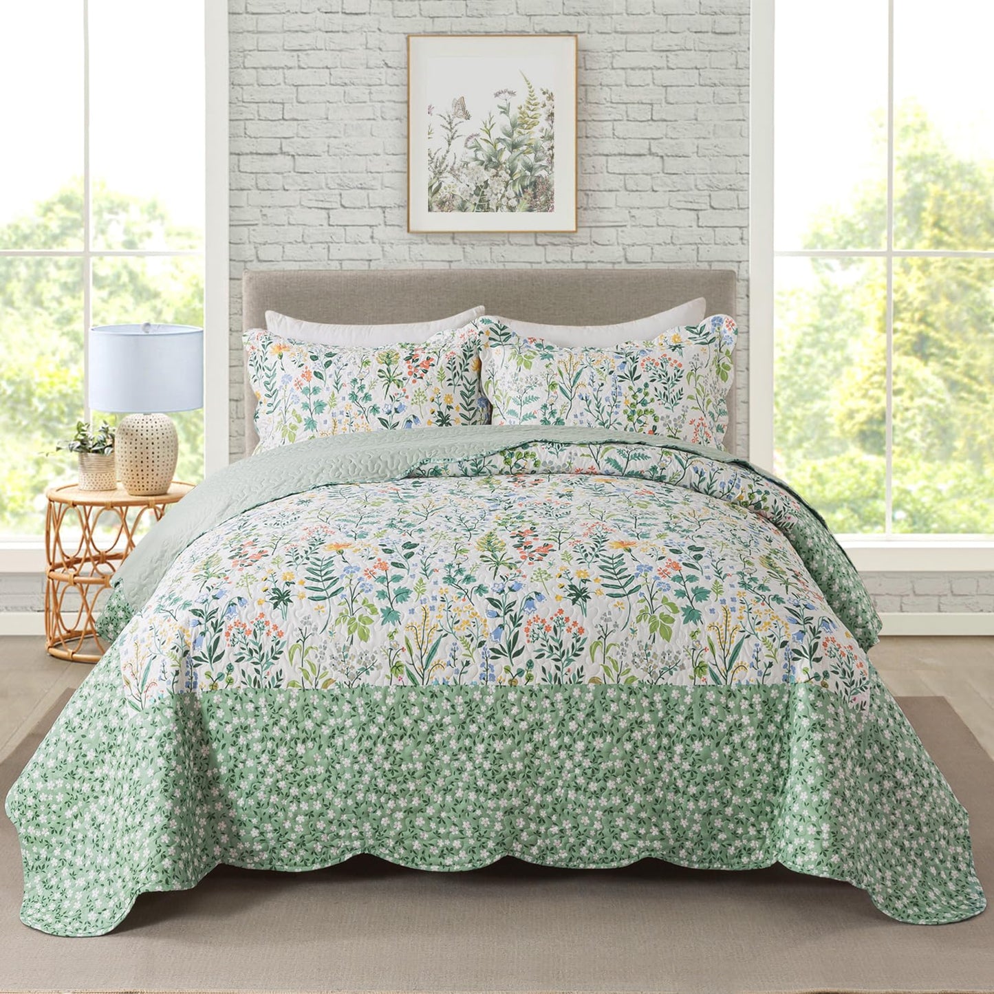 Floral Quilt Set 3 Piece Oversized Bedspread Coverlet Set Lightweight Bedding