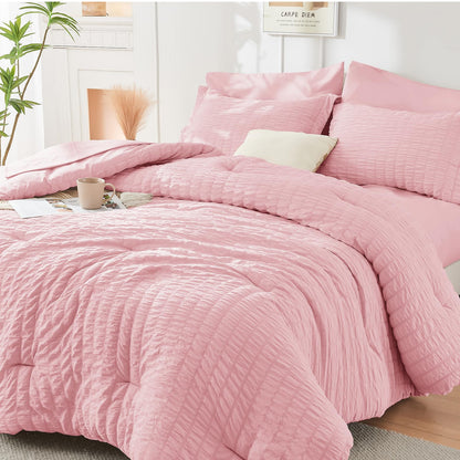 Seersucker Comforter Set 7 Piece All Season Bed in a Bag Bedding Set