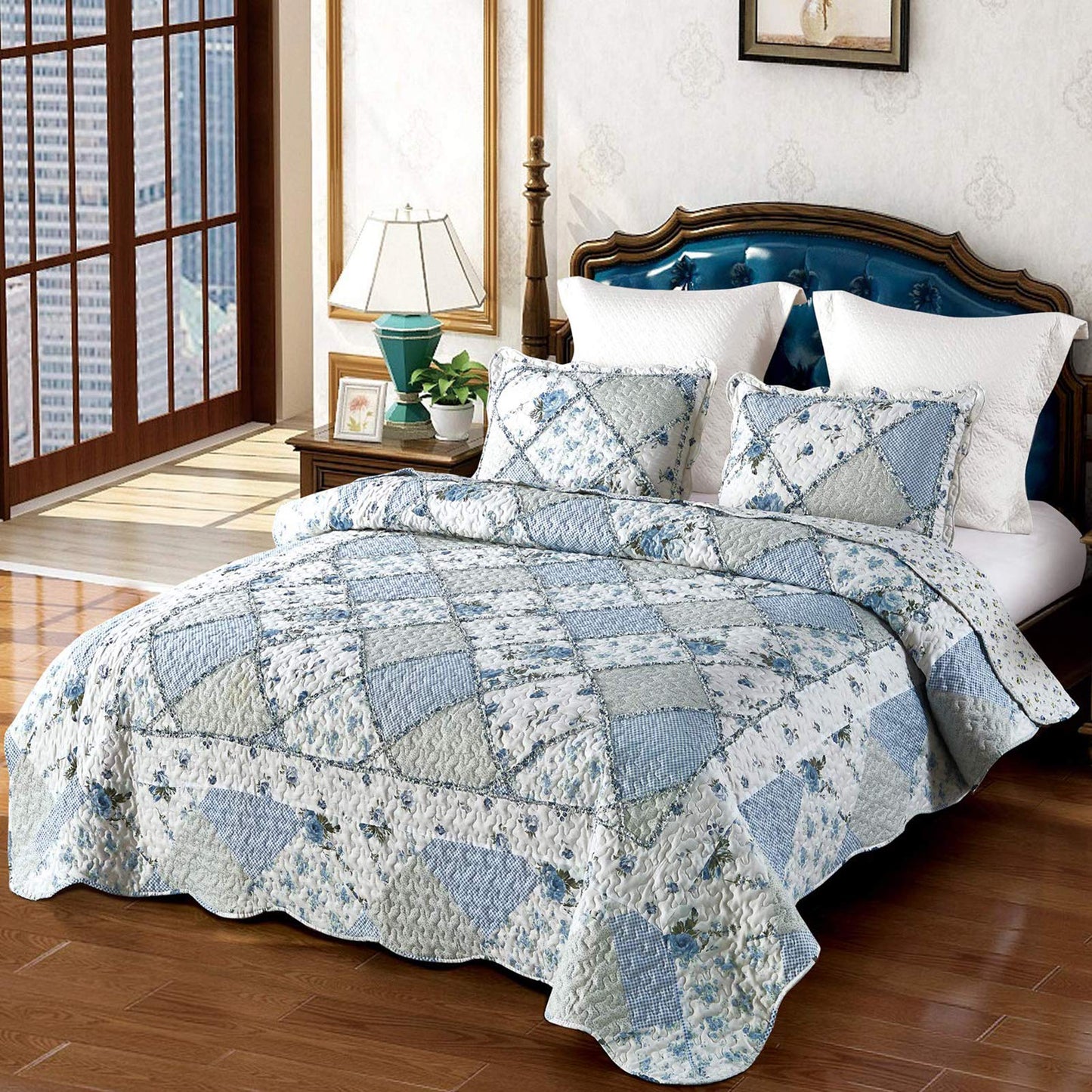 Patchwork Quilt Set Reversible 3 Piece Lightweight Floral Coverlet Bedding