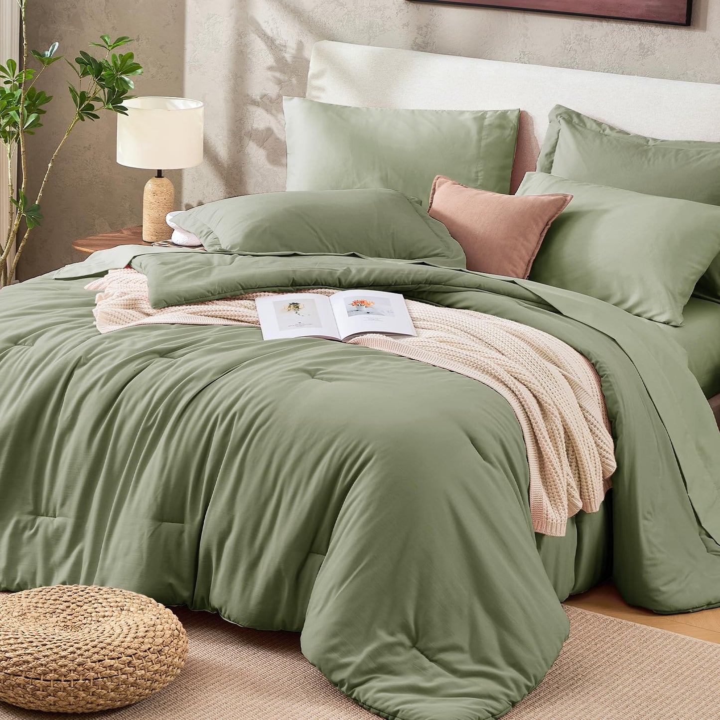 Washed Cotton Comforter Set 7 Piece Bed in a Bag Soft Breathable Bedding