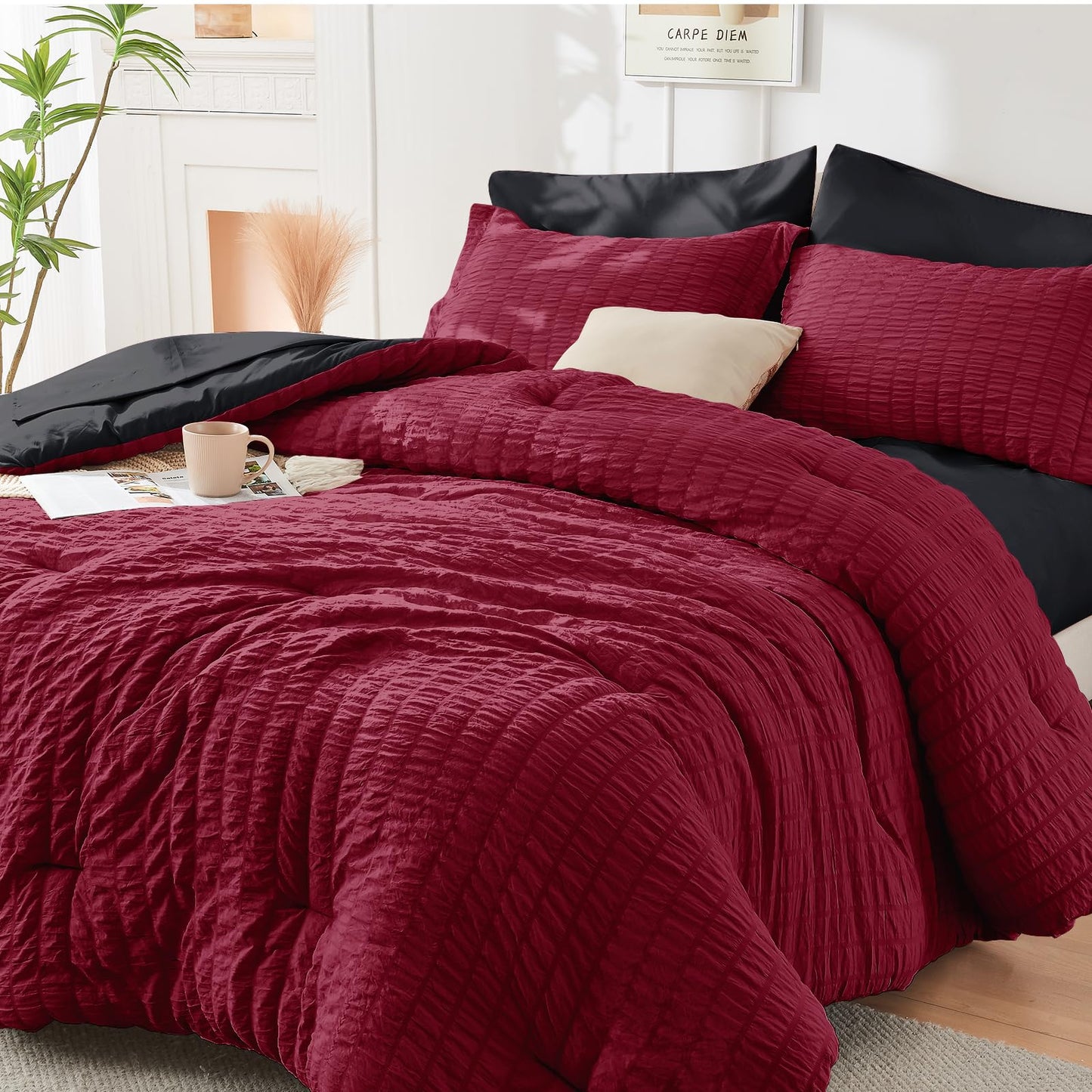 Seersucker Comforter Set 7 Piece All Season Bed in a Bag Bedding Set