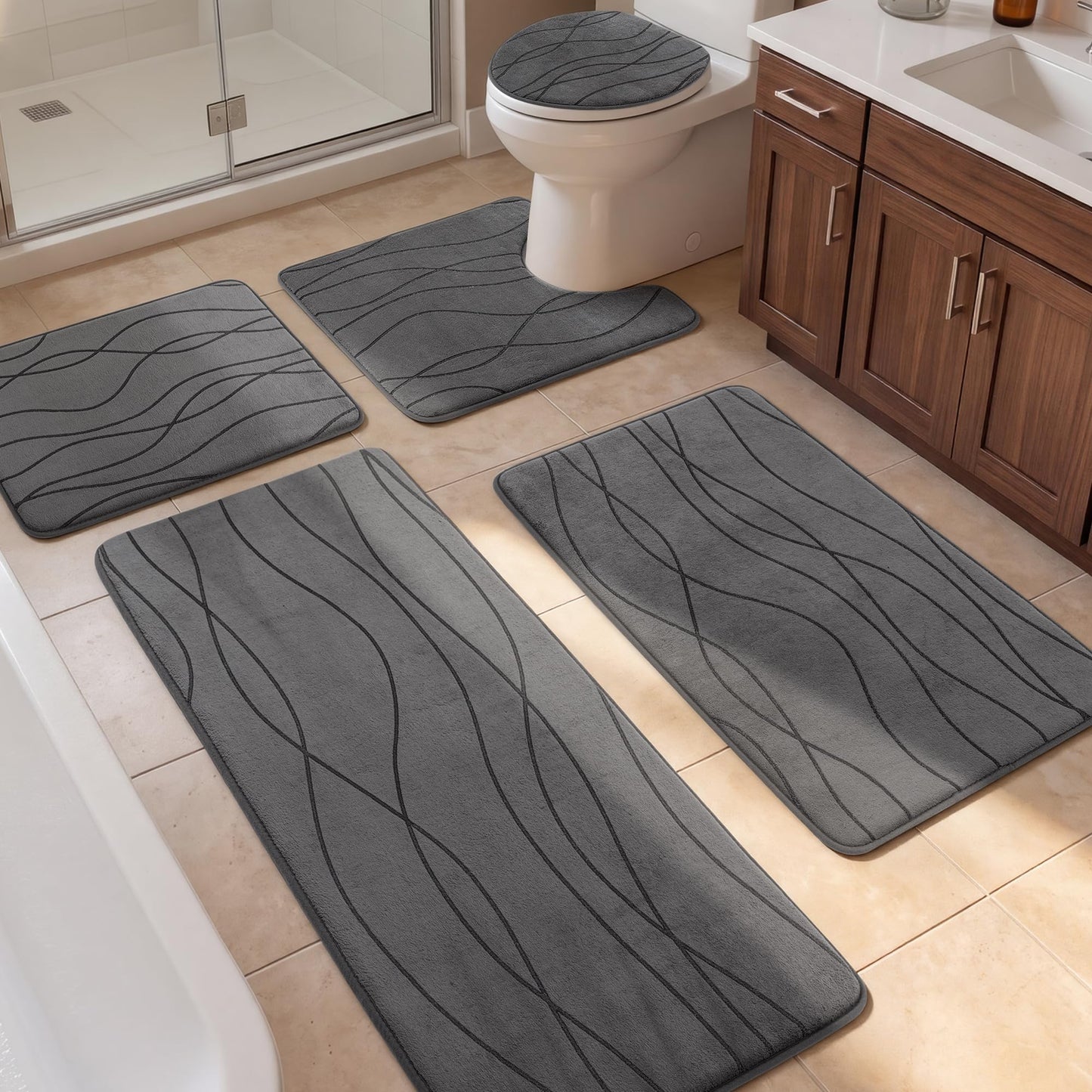 Memory Foam Bath Rug Set Non Slip Absorbent Quick Dry Bathroom Mat