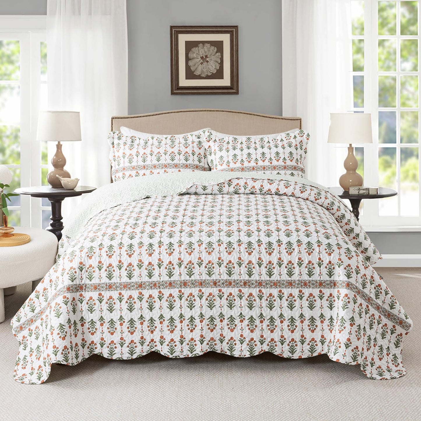 Floral Quilt Set 3 Piece Oversized Bedspread Coverlet Set Lightweight Bedding