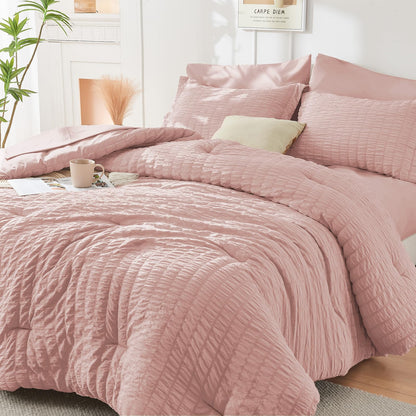 Seersucker Comforter Set 7 Piece All Season Bed in a Bag Bedding Set