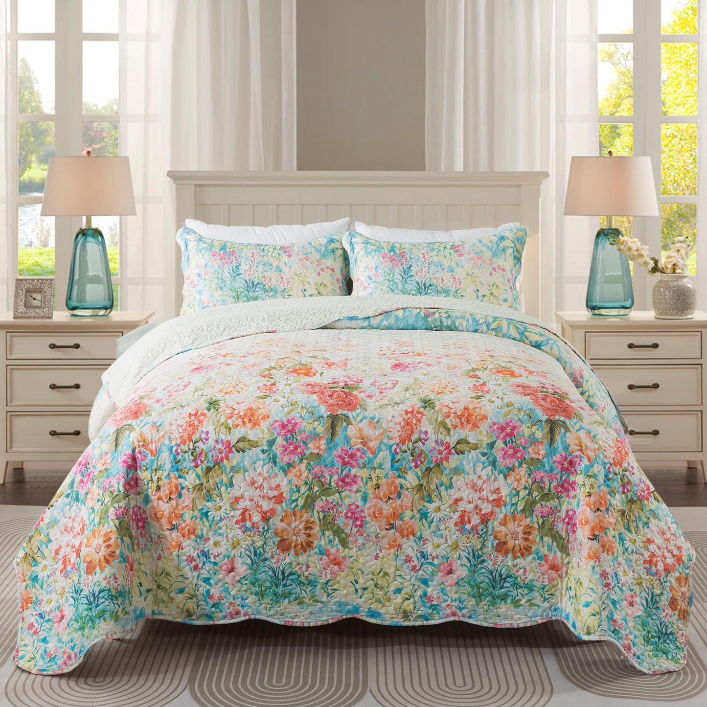 Floral Quilt Set 3 Piece Oversized Bedspread Coverlet Set Lightweight Bedding
