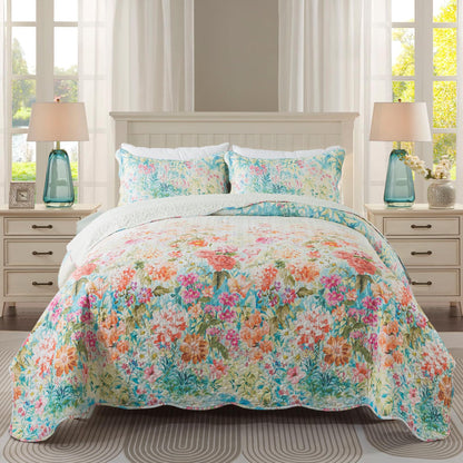 Floral Quilt Set 3 Piece Oversized Bedspread Coverlet Set Lightweight Bedding