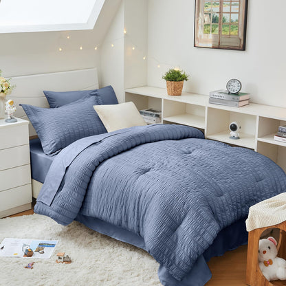 Seersucker Comforter Set 7 Piece All Season Bed in a Bag Bedding Set
