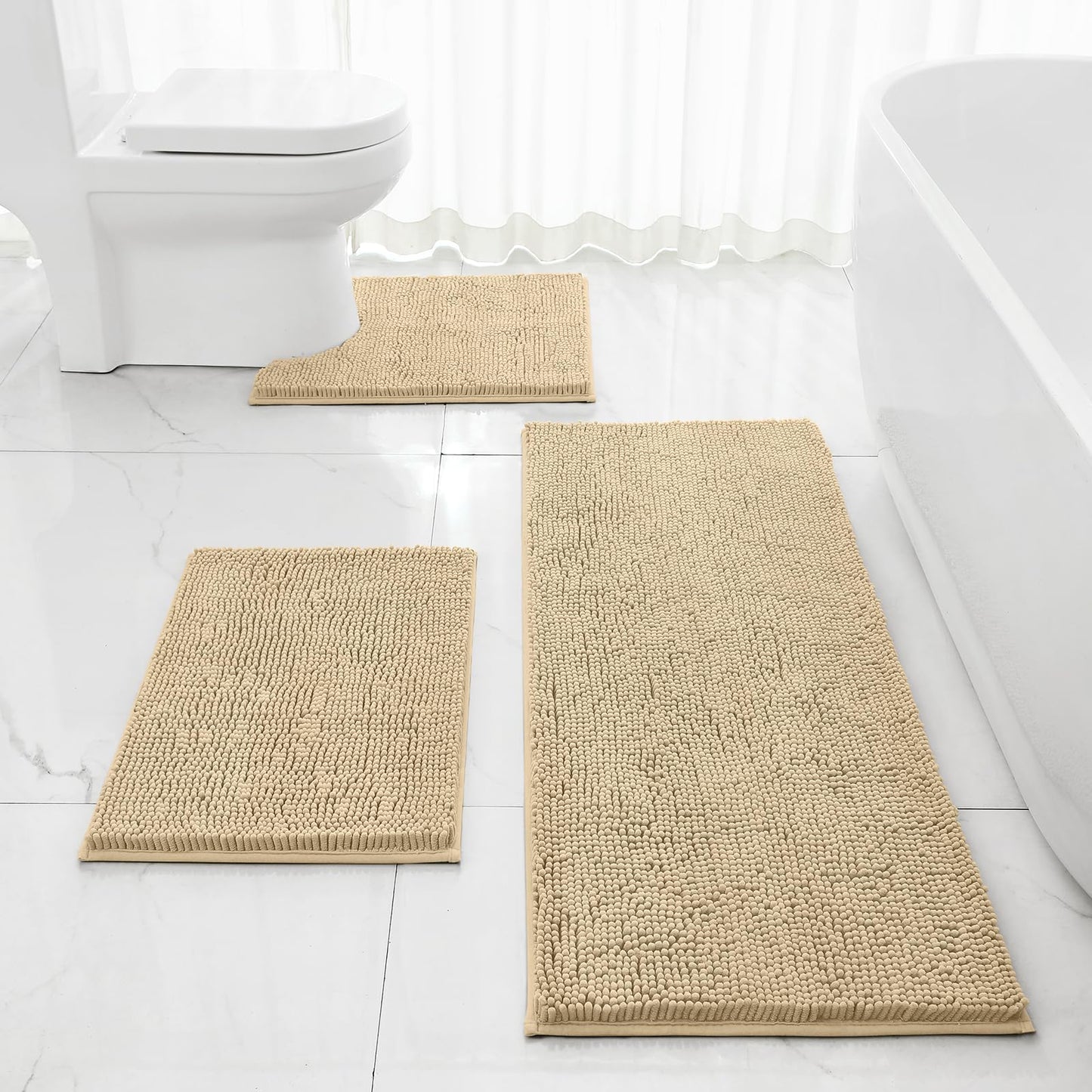 Chenille Bathroom Rug Set 3 Piece Ultra Soft Non Slip Absorbent Bath Mat