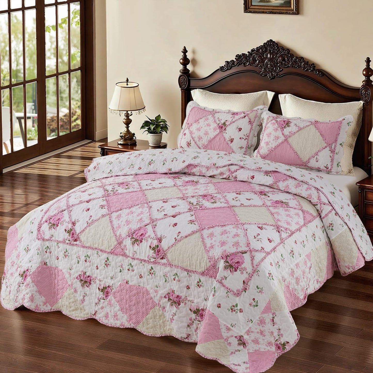 Patchwork Quilt Set Reversible 3 Piece Lightweight Floral Coverlet Bedding