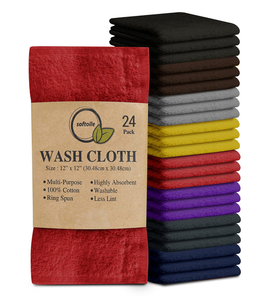 Cotton Washcloth Set 24 Pack Soft Absorbent Face Towels Ring Spun 12x12