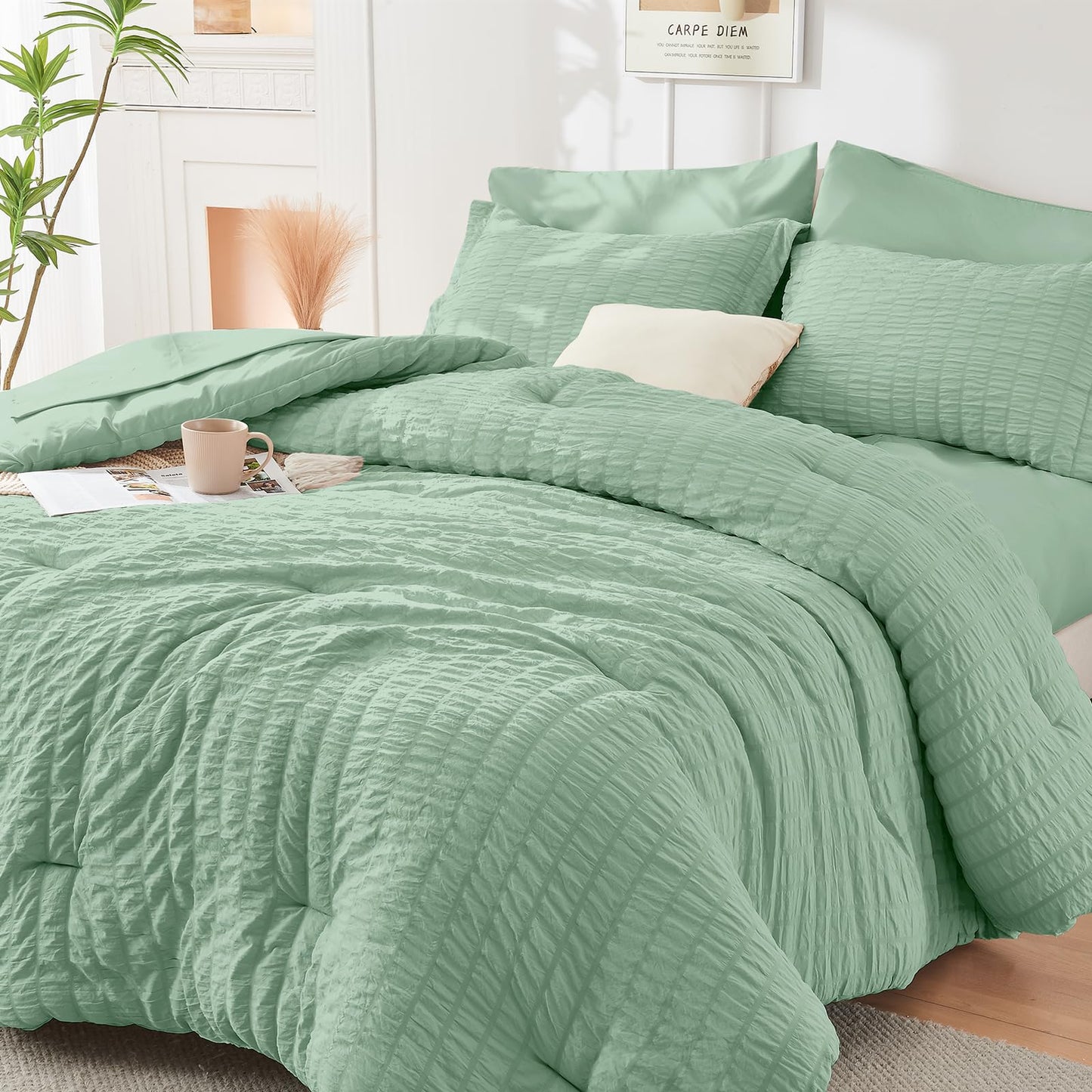 Seersucker Comforter Set 7 Piece All Season Bed in a Bag Bedding Set