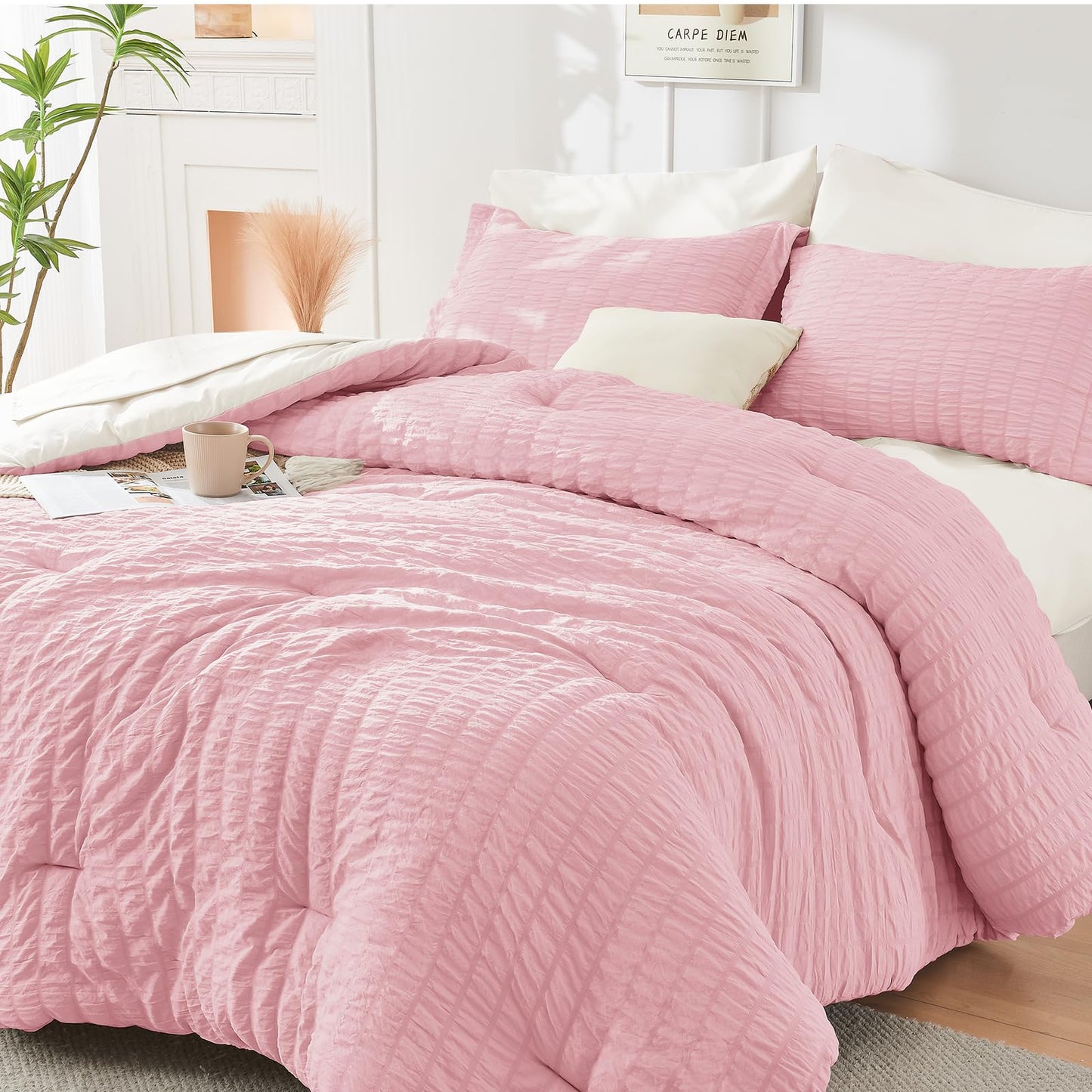 Seersucker Comforter Set 7 Piece All Season Bed in a Bag Bedding Set