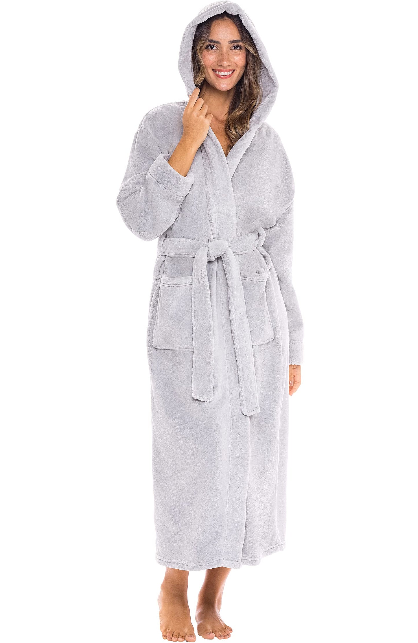 Plush Fleece Hooded Bathrobe Women Long Plus Size Soft Lounge Robe
