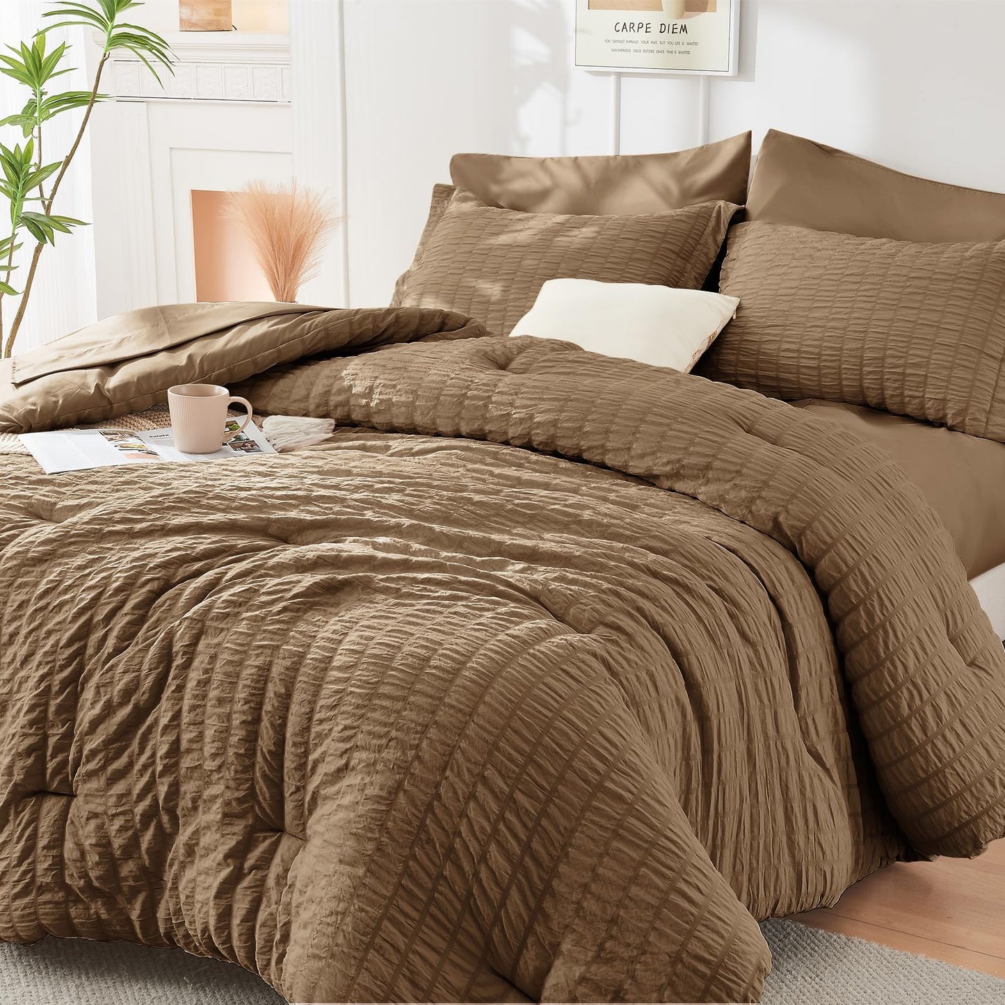 Seersucker Comforter Set 7 Piece All Season Bed in a Bag Bedding Set