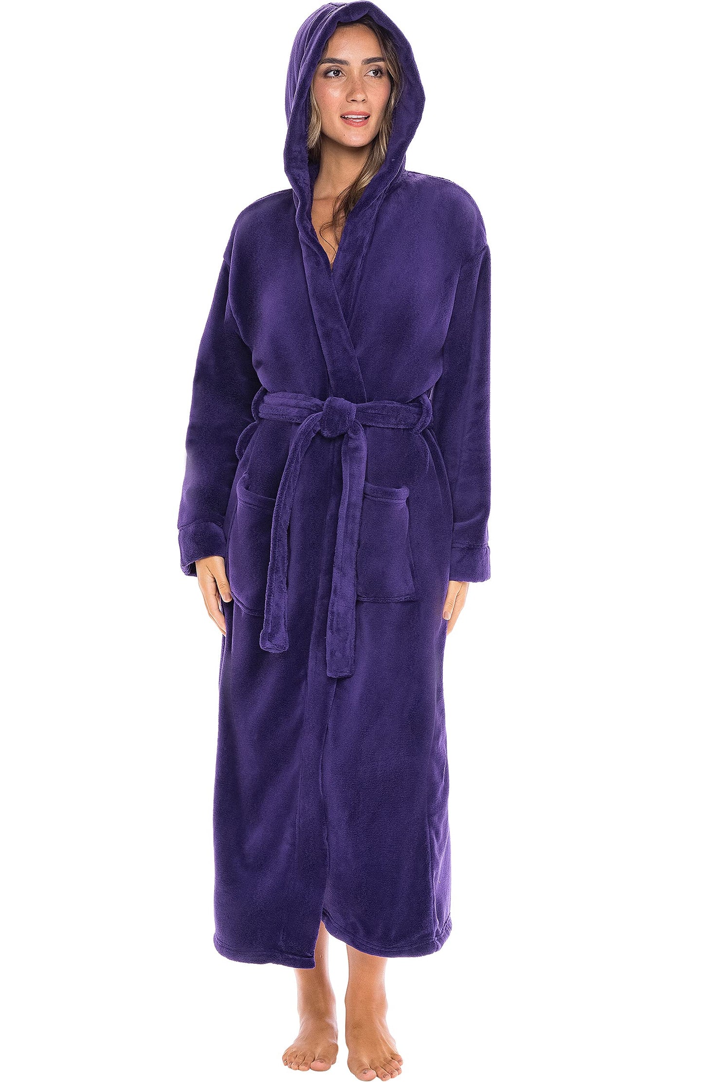 Plush Fleece Hooded Bathrobe Women Long Plus Size Soft Lounge Robe