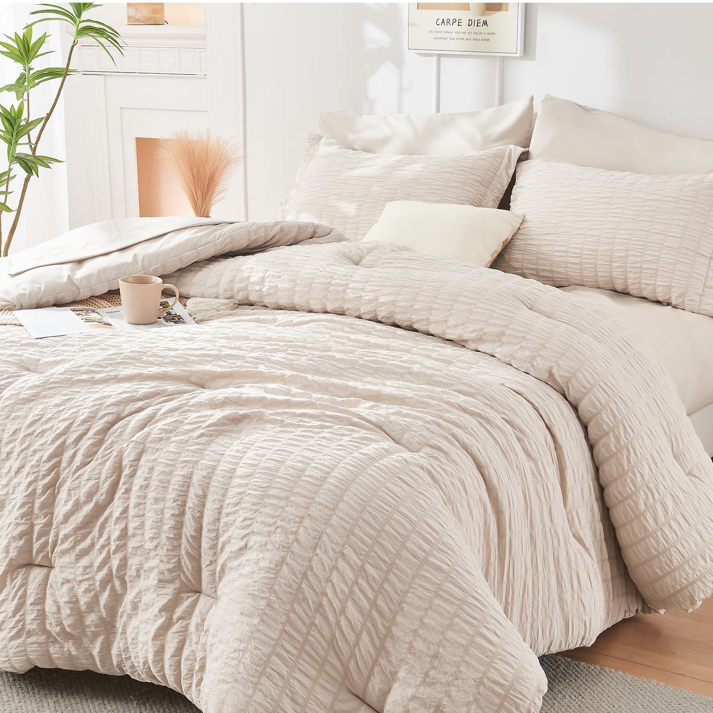 Seersucker Comforter Set 7 Piece All Season Bed in a Bag Bedding Set