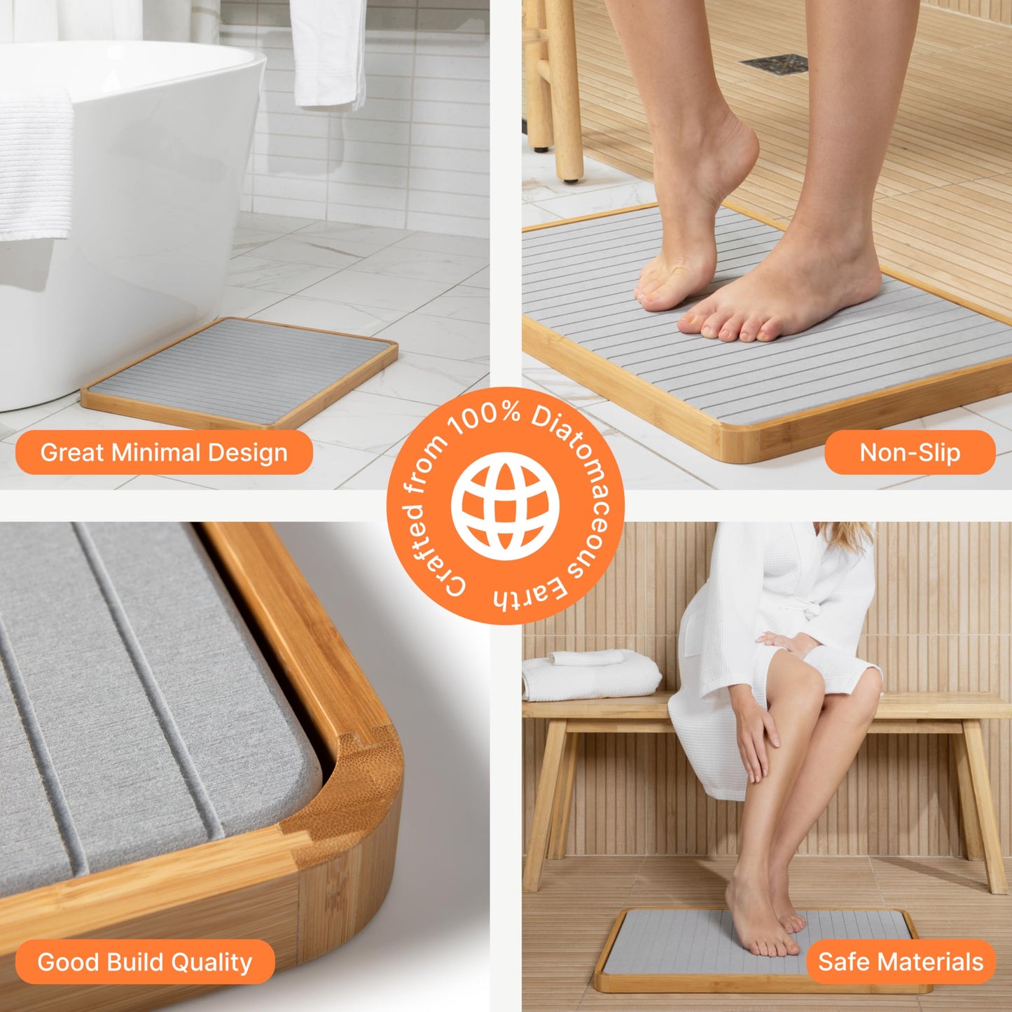 Diatomaceous Earth Stone Bath Mat Bamboo Trim Quick Dry Non Slip Bathroom Mat