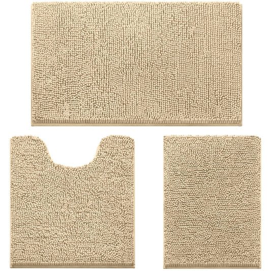 Chenille Bathroom Rug Set 3 Piece Ultra Soft Non Slip Absorbent Bath Mat