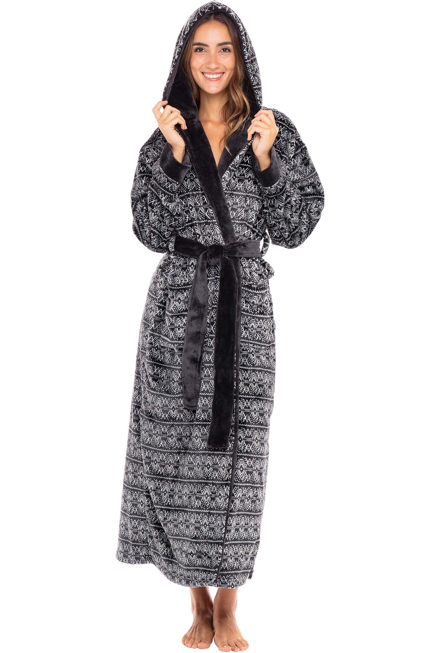 Plush Fleece Hooded Bathrobe Women Long Plus Size Soft Lounge Robe