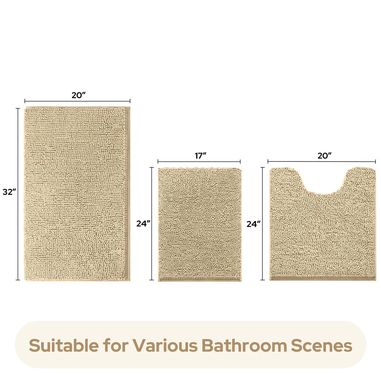 Chenille Bathroom Rug Set 3 Piece Ultra Soft Non Slip Absorbent Bath Mat