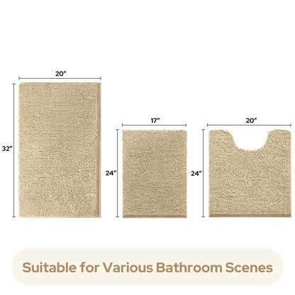 Chenille Bathroom Rug Set 3 Piece Ultra Soft Non Slip Absorbent Bath Mat