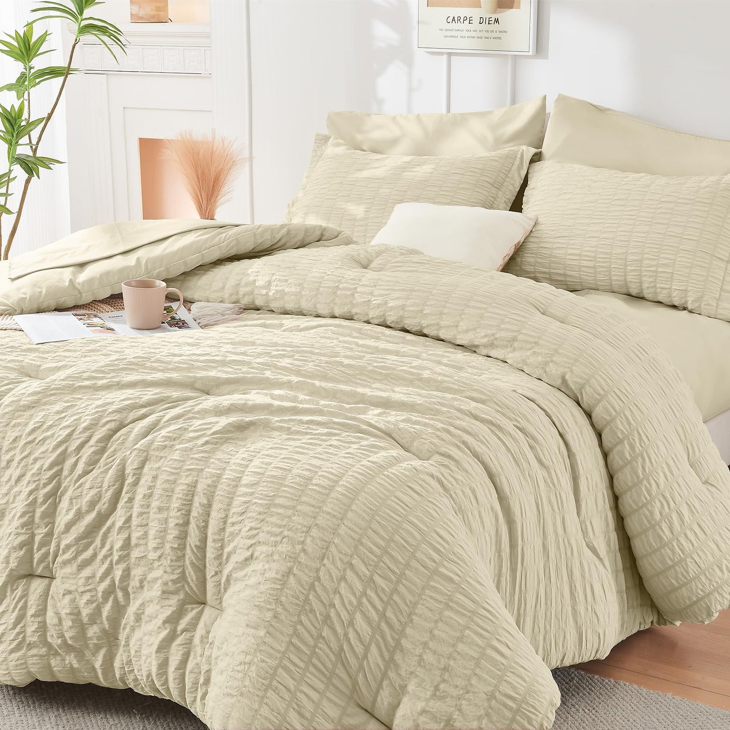 Seersucker Comforter Set 7 Piece All Season Bed in a Bag Bedding Set