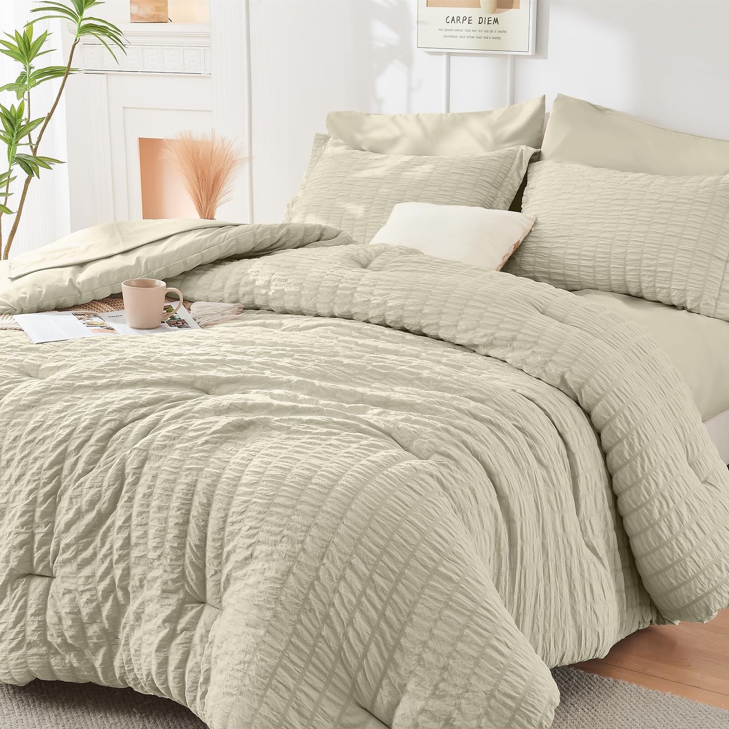 Seersucker Comforter Set 7 Piece All Season Bed in a Bag Bedding Set