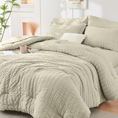 Seersucker Comforter Set 7 Piece All Season Bed in a Bag Bedding Set