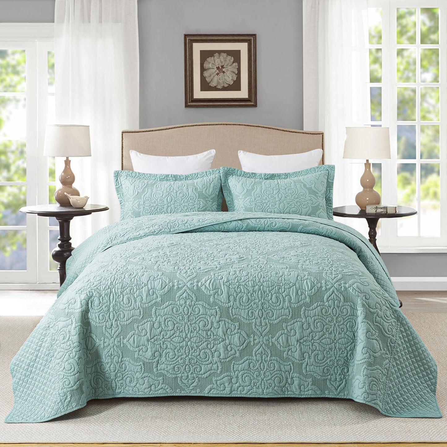 Floral Quilt Set 3 Piece Oversized Bedspread Coverlet Set Lightweight Bedding