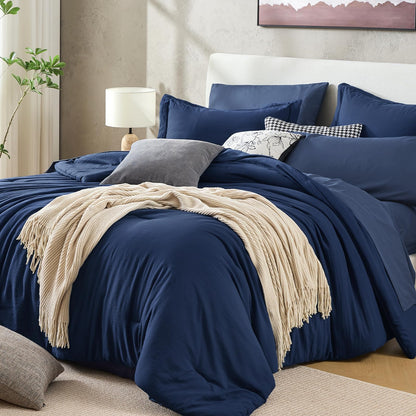 Washed Cotton Comforter Set 7 Piece Bed in a Bag Soft Breathable Bedding