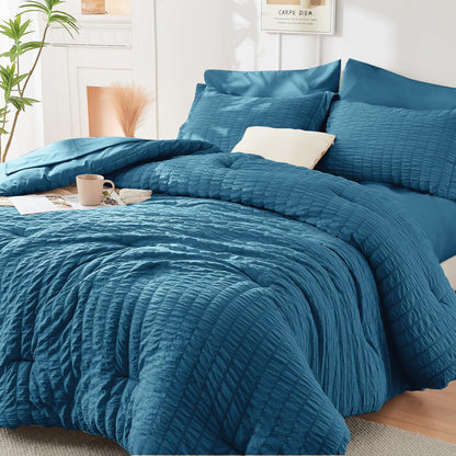 Seersucker Comforter Set 7 Piece All Season Bed in a Bag Bedding Set